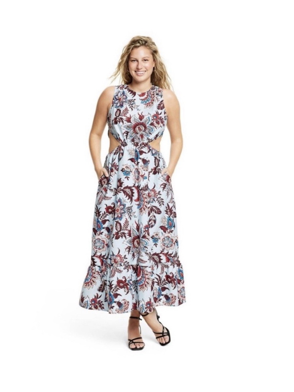 Rhode x Target Floral Cutout Maxi Dress in Light Blue and Burgundy